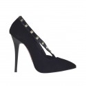 Woman's pump shoe in black suede with patent leather strap with studs heel 10