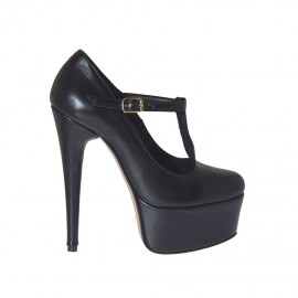 Escarpin pour femmes avec courroie salomé et plateforme en cuir noir talon 13 - Pointures disponibles:  42