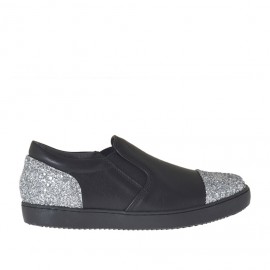 Zapato para mujer con elasticos en piel negra con brillo plateado cuña 2 - Tallas disponibles:  32, 33, 34