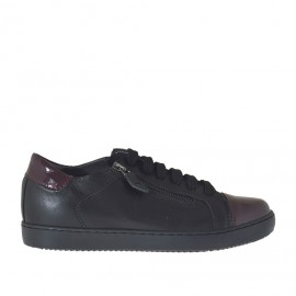 Zapato deportivo con cordones y cremalleras para mujer en piel negra y charol granate cuña 2 - Tallas disponibles:  32