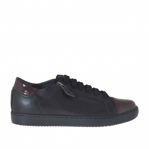 Zapato deportivo con cordones y cremalleras para mujer en piel negra y charol granate cuña 2 - Tallas disponibles:  32