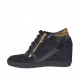 Zapato con cordones, cremallera y plataforma en gamuza y charol negro y piel color latón cuña 7 - Tallas disponibles:  42