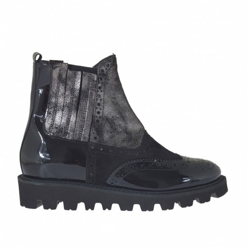 Stivaletto da donna in stile inglese con elastici in pelle laminata anticata canna di fucile, camoscio e vernice nera zeppa 3 - Misure disponibili: 32, 33, 42