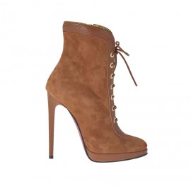Stivaletto stringato con plateau in pelle e camoscio tabacco tacco 11 - Misure disponibili: 32, 43
