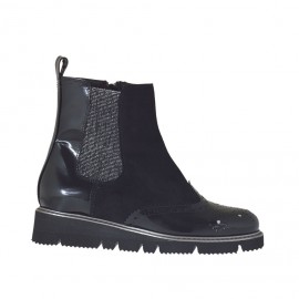 Woman's ankle-boot with zipper and silver elastic band in black suede and patent leather wedge 3 - Available sizes:  33