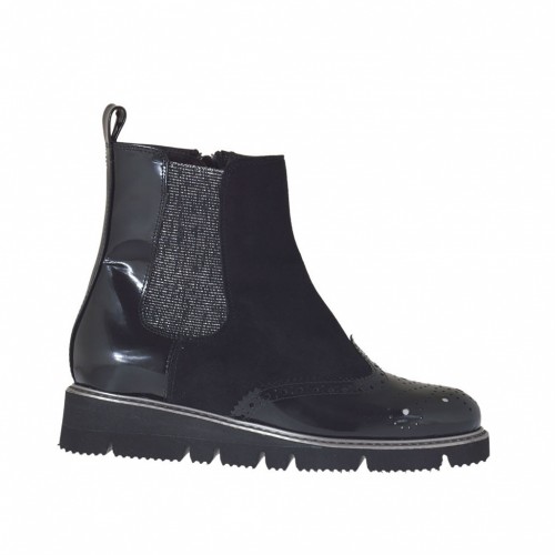Bottines pour femmes avec fermeture éclair et elastique argent en daim et cuir verni noir talon compensé 3 - Pointures disponibles:  33