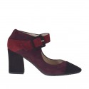 Zapato de salón para mujer con cinturon en gamuza negra, granate y ciruela tacon 8