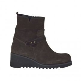 Botines para mujer con cremallera y cinturon en gamuza marron oscuro cuña 5 - Tallas disponibles:  42