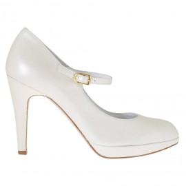 Zapato de salon para mujer con cinturon y plataforma en piel de color marfil perlado tacon 10 - Tallas disponibles:  43, 44, 46