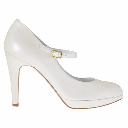 Woman's platform pump in pearled ivory leather with strap heel 10 - Available sizes:  43, 44, 46