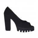 Woman's open toe pump in black suede heel 10