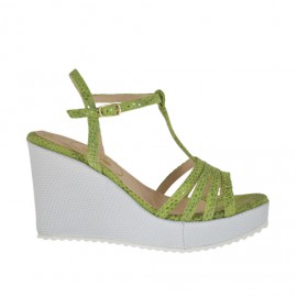 Sandalo da donna in camoscio stampato vernice verde e tessuto laminato argento con cinturino charleston e plateau con zeppa 8 - Misure disponibili: 31