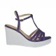 Woman's T-strap sandal in varnish printed purple suede and silver laminated fabric with platform and wedge heel 8 - Available sizes:  31
