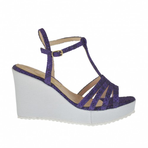 Woman's T-strap sandal in varnish printed purple suede and silver laminated fabric with platform and wedge heel 8 - Available sizes:  31