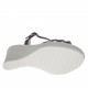 Woman's T-strap sandal in varnish printed purple suede and silver laminated fabric with platform and wedge heel 8 - Available sizes:  31
