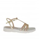 Woman's T-strap sandal in platinum and copper leather wedge heel 2