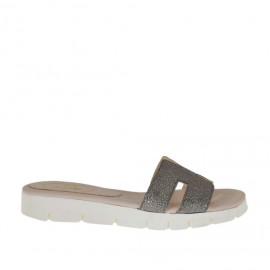Woman's mules in metalized lead grey printed laminated leather wedge heel 2 - Available sizes:  42