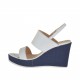 Sandalo da donna in pelle bianca e tessuto blu con plateau e zeppa 8 - Misure disponibili: 32, 42