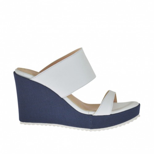 Woman's mules in white leather and blue fabric with platform and wedge heel 8 - Available sizes:  42