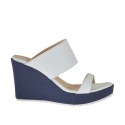 Woman's mules in white leather and blue fabric with platform and wedge heel 8