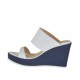 Mule pour femmes en cuir blanc et tissu bleu avec plateforme et talon compensé 8 - Pointures disponibles:  42