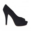 Woman's open toe platform pump in black suede heel 10