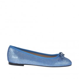 Zapato bailarina con moño para mujer en piel laminado imprimido azul claro tacon 1 - Tallas disponibles:  32, 34