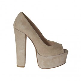 Escarpin à bout ouvert avec plateforme en daim beige et talon 13 - Pointures disponibles:  42