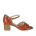 Woman's open strap shoe in tan brown leather heel 5