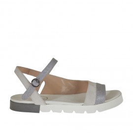 Woman's strap sandal in grey leather and white suede wedge heel 2 - Available sizes:  32