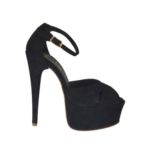 Scarpa aperta da donna con cinturino e plateau in camoscio nero tacco 13 - Misure disponibili: 31