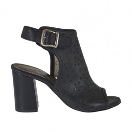 Sandale haute à la cheville pour femmes en cuir perforé noir talon 7 - Pointures disponibles:  42