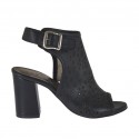Woman's highfronted sandal in black pierced leather heel 7
