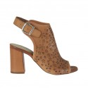 Woman's highfronted sandal in tan brown pierced leather heel 7