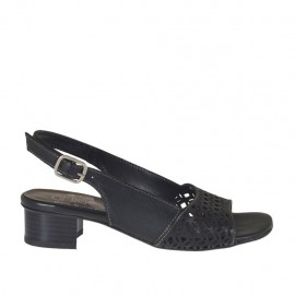 Sandale pour femmes en cuir et cuir perforé noir talon 3 - Pointures disponibles:  32, 42