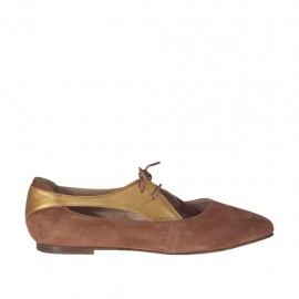 Scarpa stringata aperta ai lati da donna in camoscio color cuoio e pelle laminata bronzo tacco 1 - Misure disponibili: 42