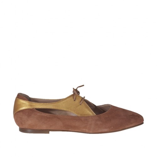 Chaussure à lacets ouverte pour femmes en daim brun clair et cuir lamé bronze talon 1 - Pointures disponibles:  42