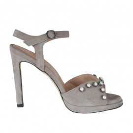 Sandalo da donna con plateau, perle e cinturino in camoscio grigio tacco 10 - Misure disponibili: 42