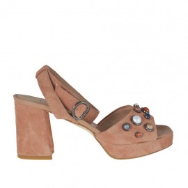 Sandalo da donna con perle colorate, cinturino e plateau in camoscio rosa pesca tacco 7 - Misure disponibili: 42