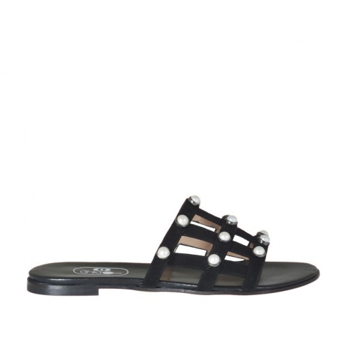 Sabot aperto da donna con perle in camoscio nero tacco 1 - Misure disponibili: 32, 33