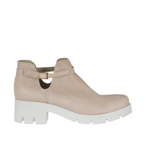 Stivaletto da donna con cinturino in pelle forata rosa cipria tacco 5 - Misure disponibili: 42, 43, 44