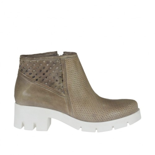 Bottines pour femmes en cuir et cuir perforé taupe talon 5 - Pointures disponibles:  44