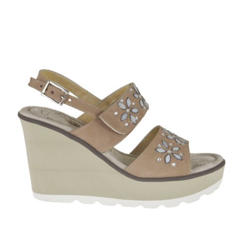 Woman's sandal in taupe nubuck leather with velcro strap, rhinestones, platform and wedge 8 - Available sizes:  43, 44