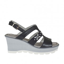 Sandalo da donna in pelle e nabuk nero con strass, plateau e zeppa 6 - Misure disponibili: 42