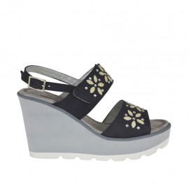 Woman's sandal in black nubuck leather with velcro strap, rhinestones, platform and wedge 8 - Available sizes:  31, 42, 44