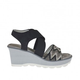 Woman's sandal in black nubuck leather with elastic bands, rhinestones, platform and wedge 6 - Available sizes:  42