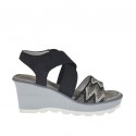 Woman's sandal in black nubuck leather with elastic bands, rhinestones, platform and wedge 6