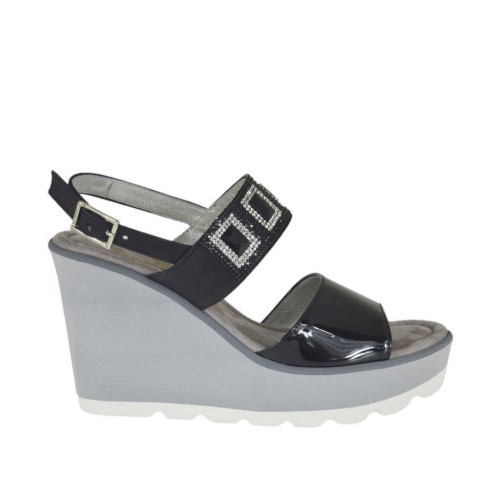 Woman's sandal in black patent leather and nubuck leather with rhinestones, platform and wedge 8 - Available sizes:  31, 42, 43