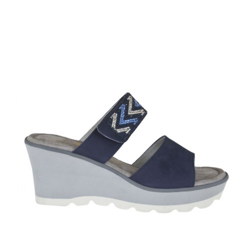 Woman's open mules with platform, velcro strap and rhinestones in blue nubuck leather wedge heel 6 - Available sizes:  43