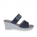 Woman's open mules with platform, velcro strap and rhinestones in blue nubuck leather wedge heel 6